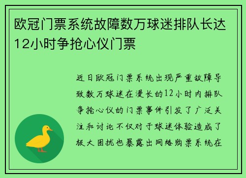 欧冠门票系统故障数万球迷排队长达12小时争抢心仪门票