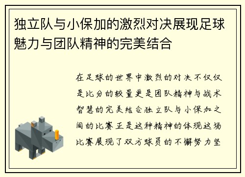 独立队与小保加的激烈对决展现足球魅力与团队精神的完美结合